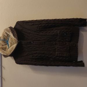 GAP Dark Brown Cabled Button Up Cardigan with Pockets and Faux Fur Hood